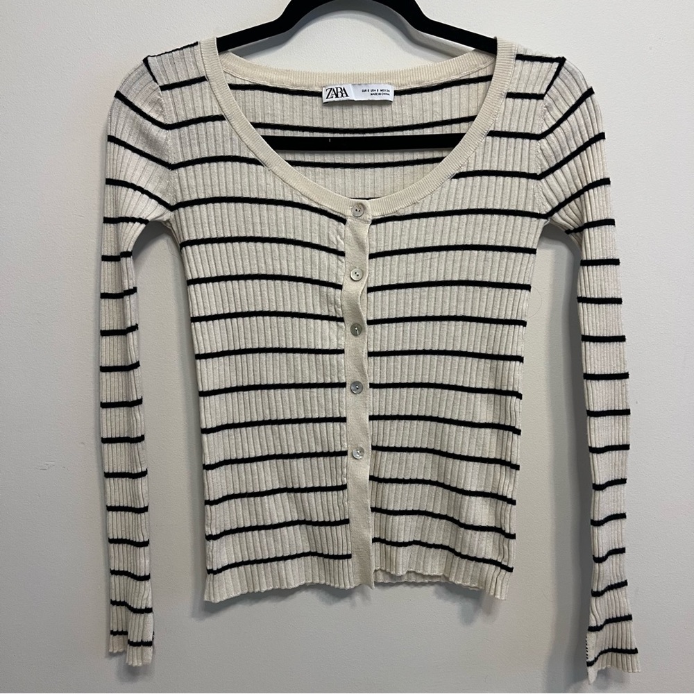 Zara Cream and Black Striped Cardigan